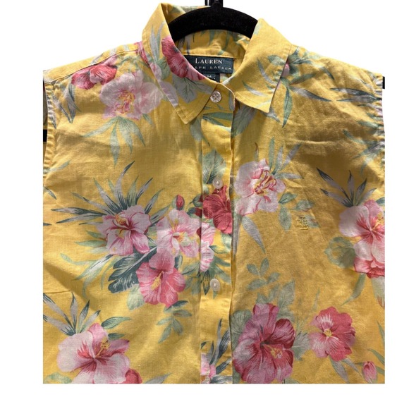 Lauren Ralph Lauren Yellow Floral 100% Linen Sleeveless Shirt Coastal Preppy - Picture 4 of 6